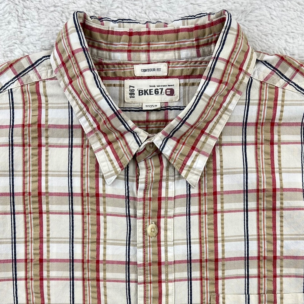 BKE 67 Short Sleeve Shirt Men's Large Tan Red Blue Plaid Seersucker 90s Y2K
